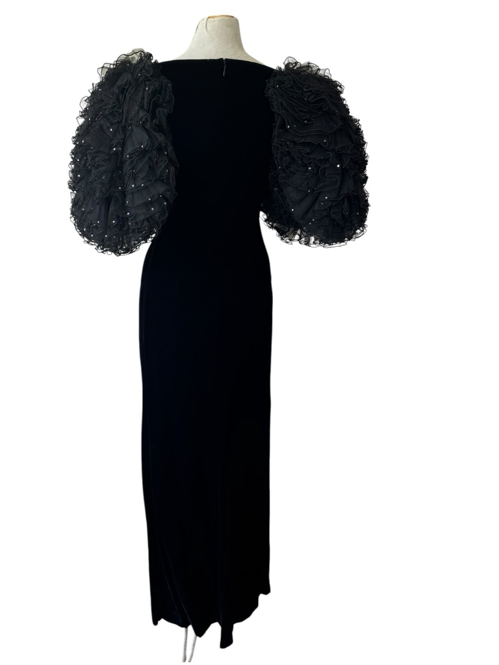 Vtg 80s Oscar de la Renta Black Velvet Gown 8 Rhinestone Voluminous Sleeves NWT - Picture 8 of 12